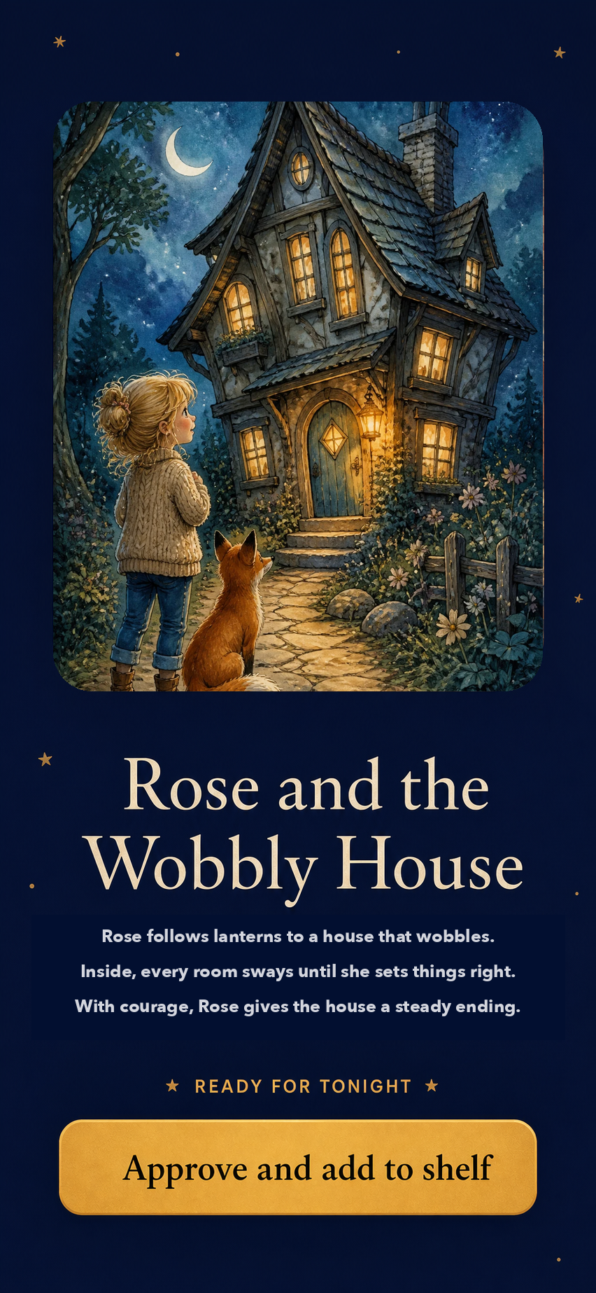 Namesake review screen for Rose and the Wobbly House, showing a three-line plot summary and approval button